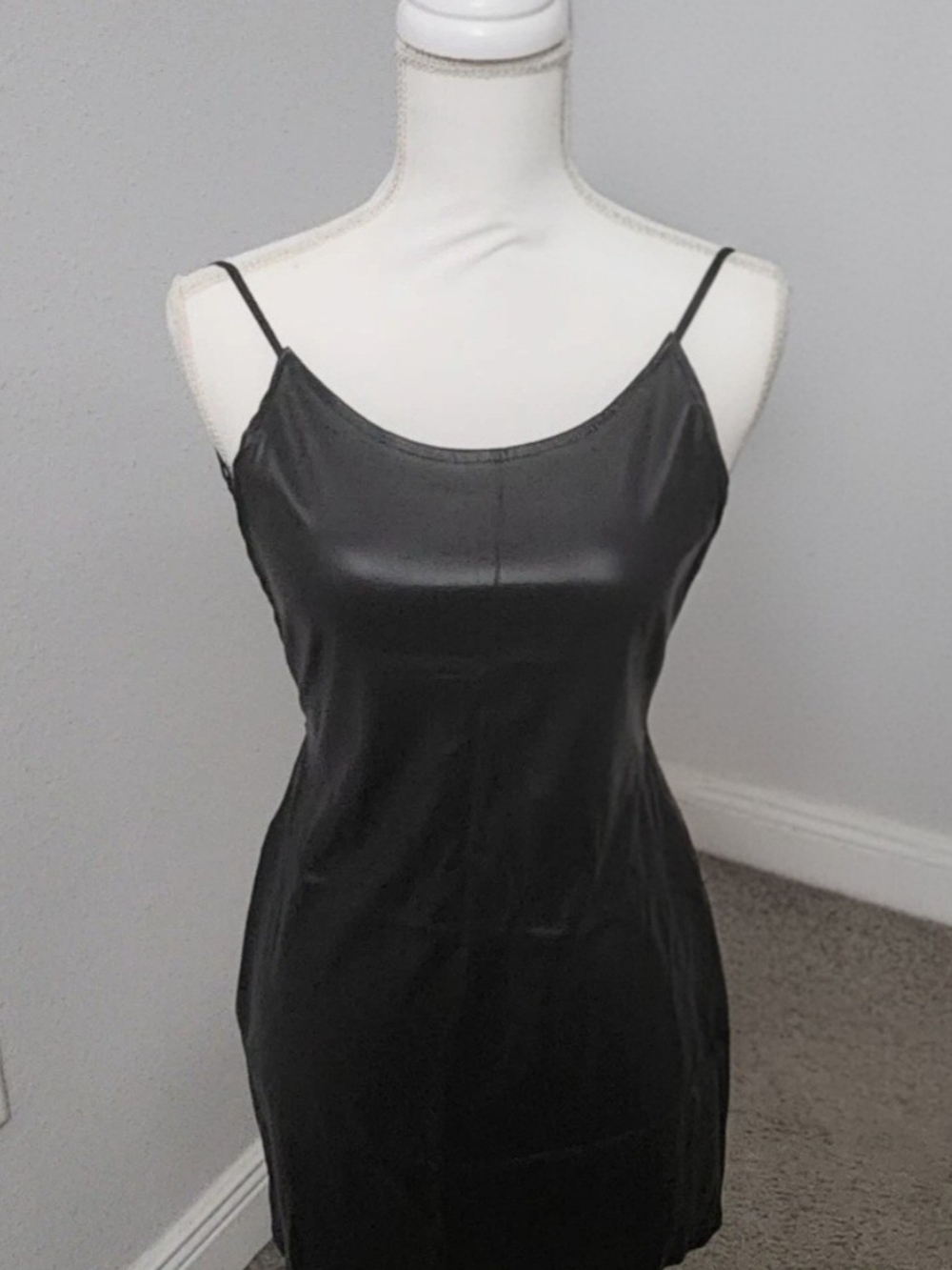 Black Satin-Look Slip Dress with Spaghetti Straps